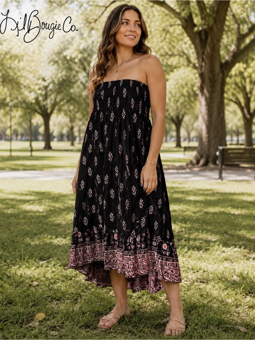 Cute Options Black Strapless Midi Dress with Pink Border - Size approx Large